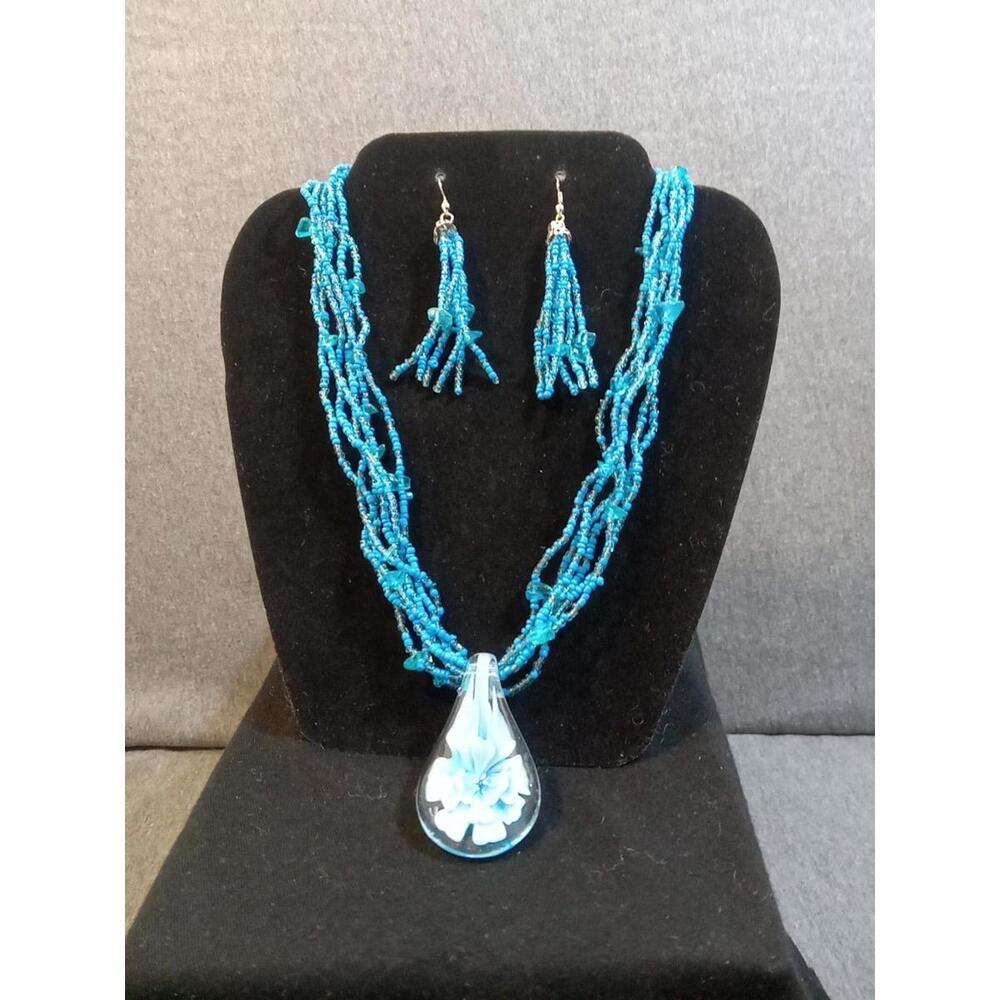 Seaside Tide Set Necklace Blue Seed Beads Earrings Tassels Hook Teardrop Pendant